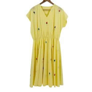 Vintage Hand Embroidered Yellow Midi Dress Boho Floral Print V-Neck Size L